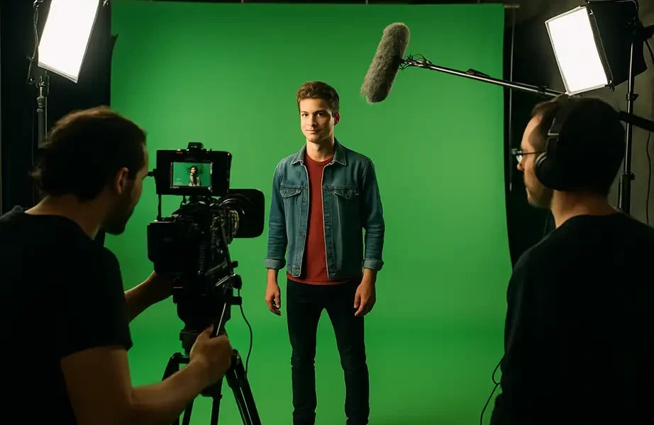 Student using green screen VFX setup at animation college