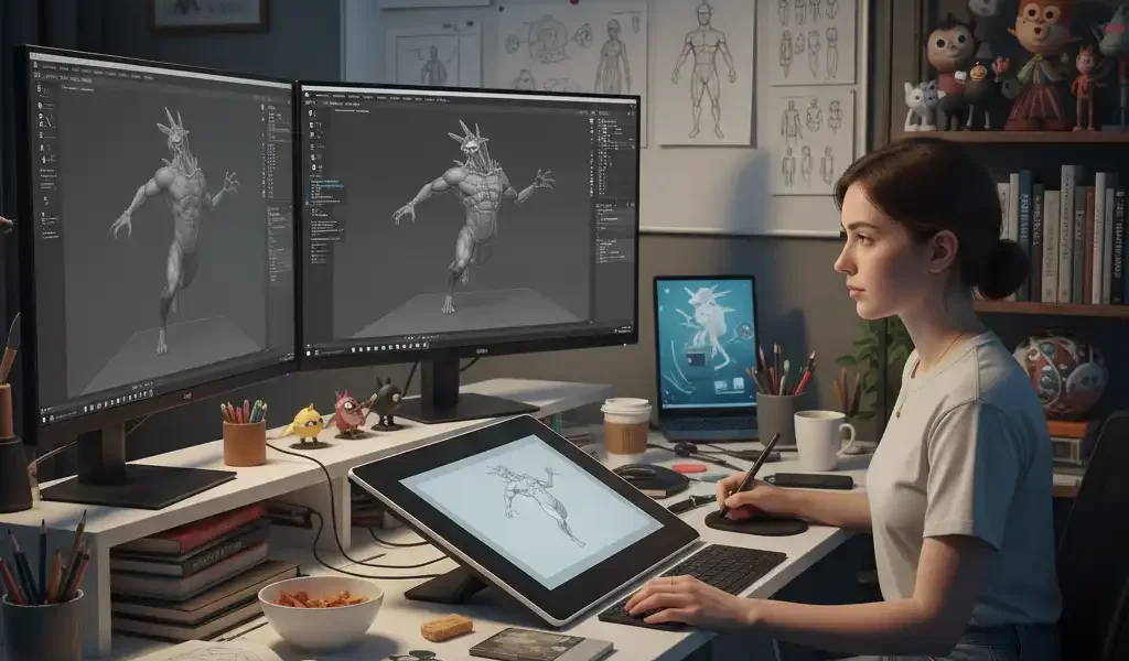 3D animation student working on character model in Pune animation college