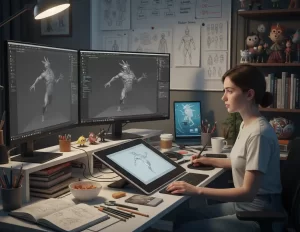 3D animation student working on character model in Pune animation college